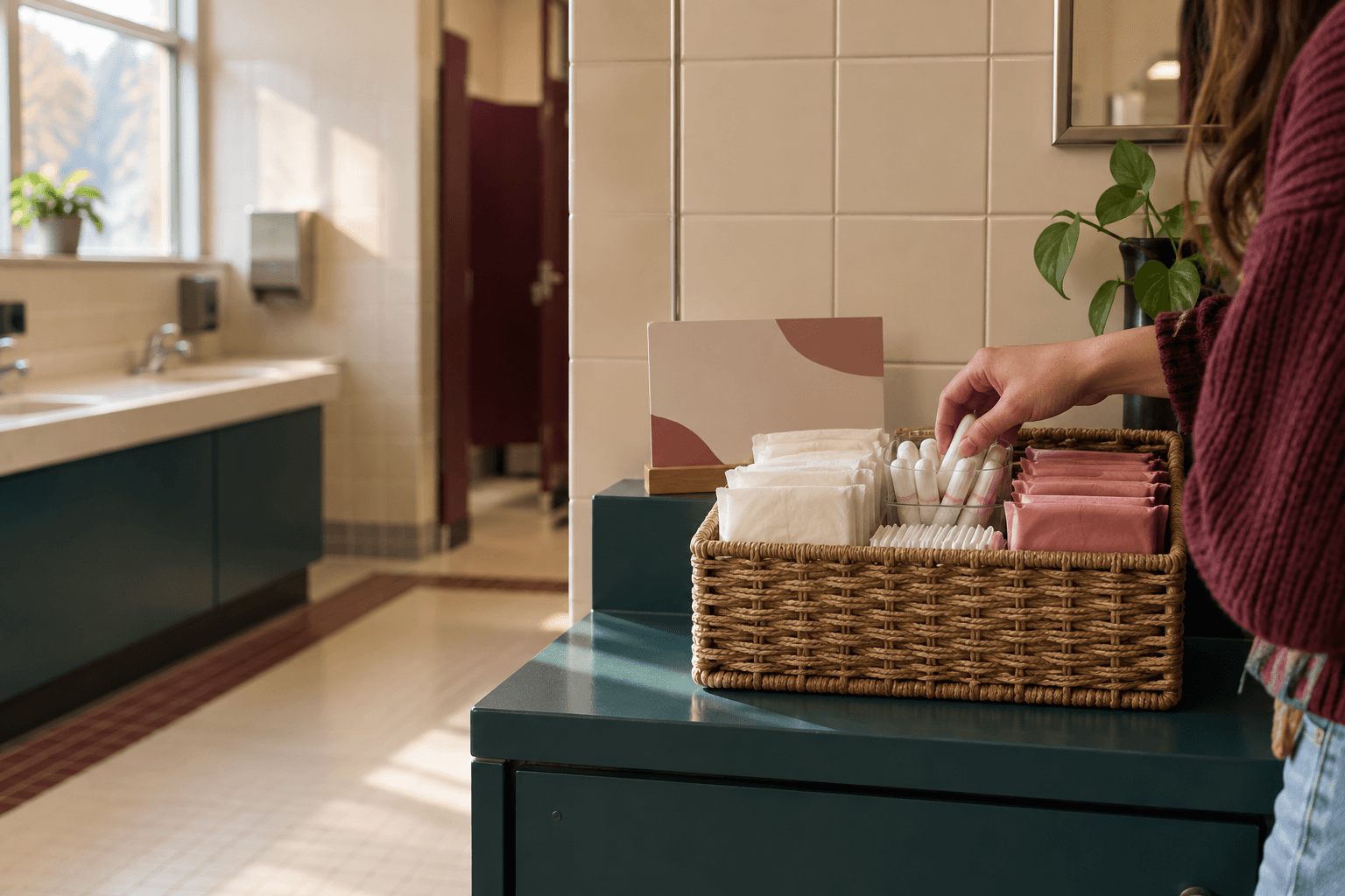 A volunteer stocking a basket with menstrual products in a community washroom