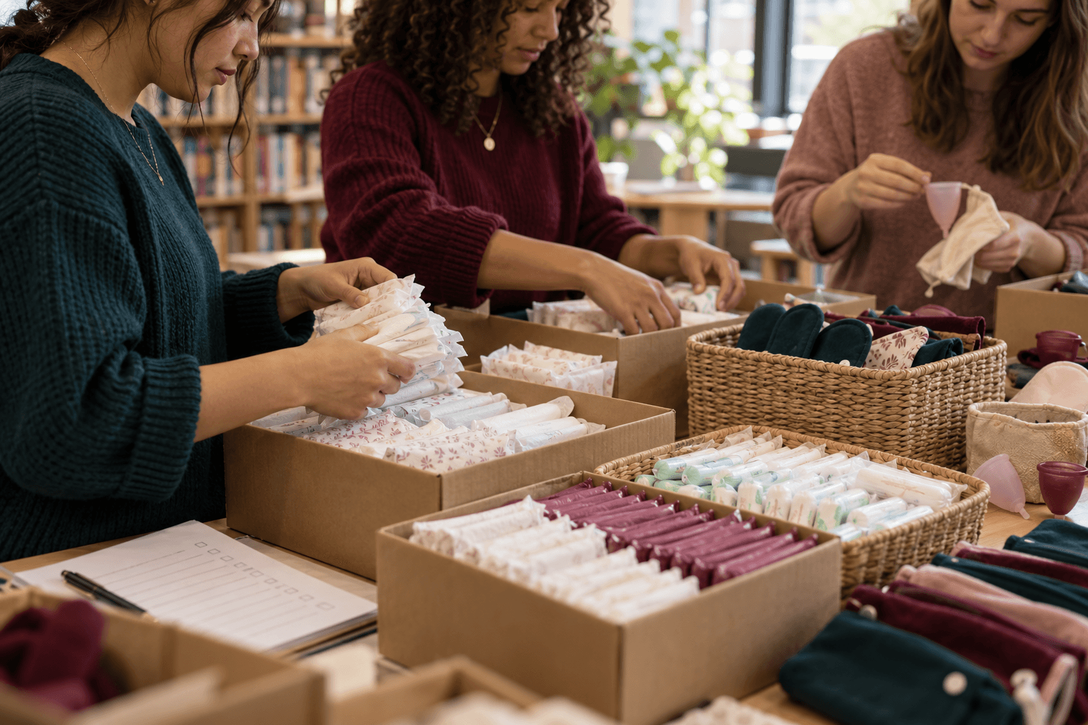 Young volunteers organizing period products at a community table